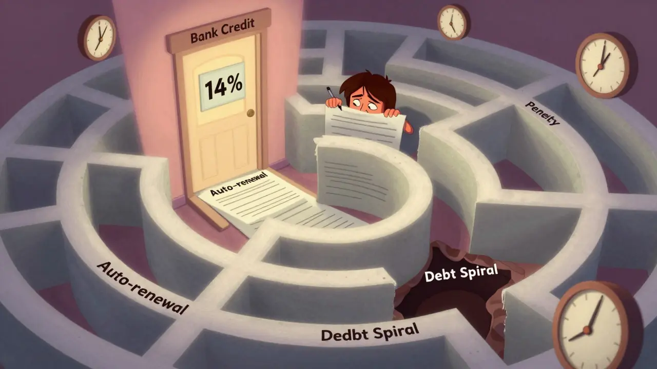 Человек в лабиринте из кредитных договоров, одна дорога ведет к банку, другая — в пропасть долга, вокруг тикают часы.