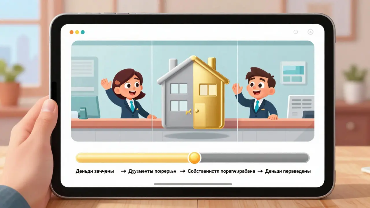 Цифровой банк-интерфейс показывает этапы сделки: деньги, проверка, регистрация, перевод — с веселыми персонажами банка.