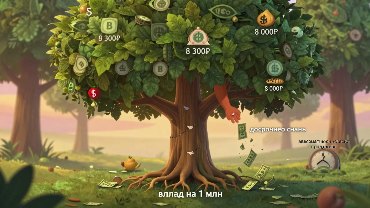 Денежное дерево с плодами, показывающее разницу между капитализацией и досрочным снятием, под светом заката.