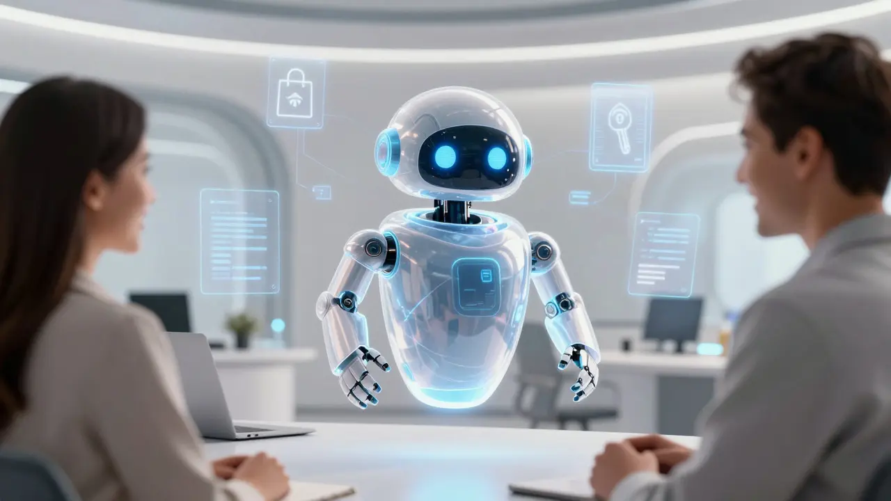 Дружелюбный робот сканирует данные вокруг клиента