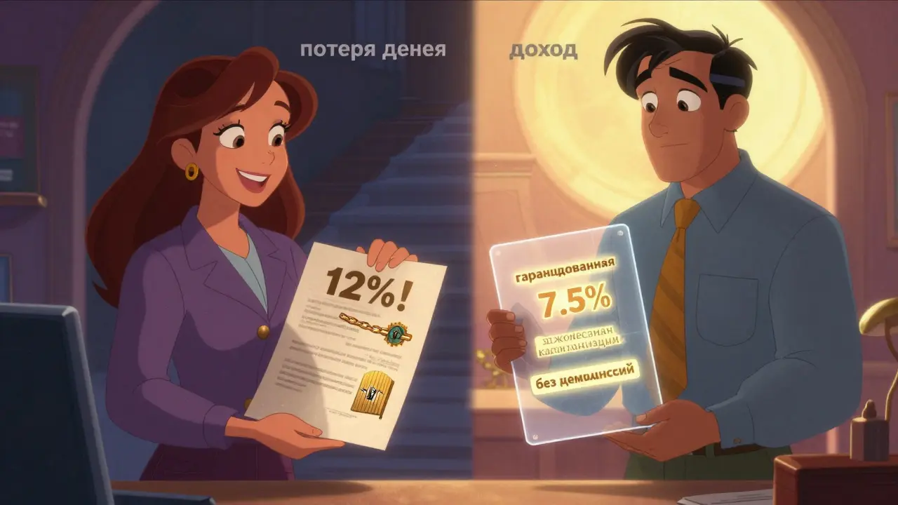 Два банкира: один обманывает клиента, другой показывает честные условия вклада — клиент между ними в раздумьях.