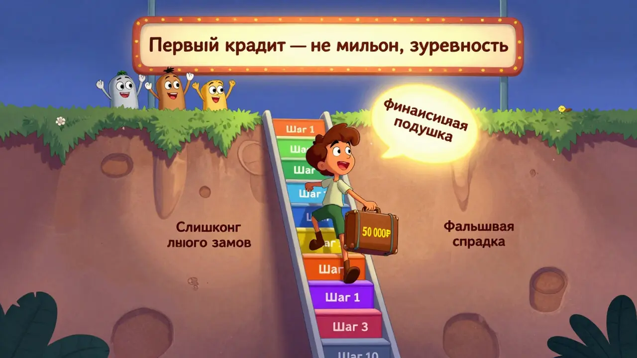 Герой поднимается по лестнице из 10 шагов к первому кредиту, избегая финансовых ловушек.