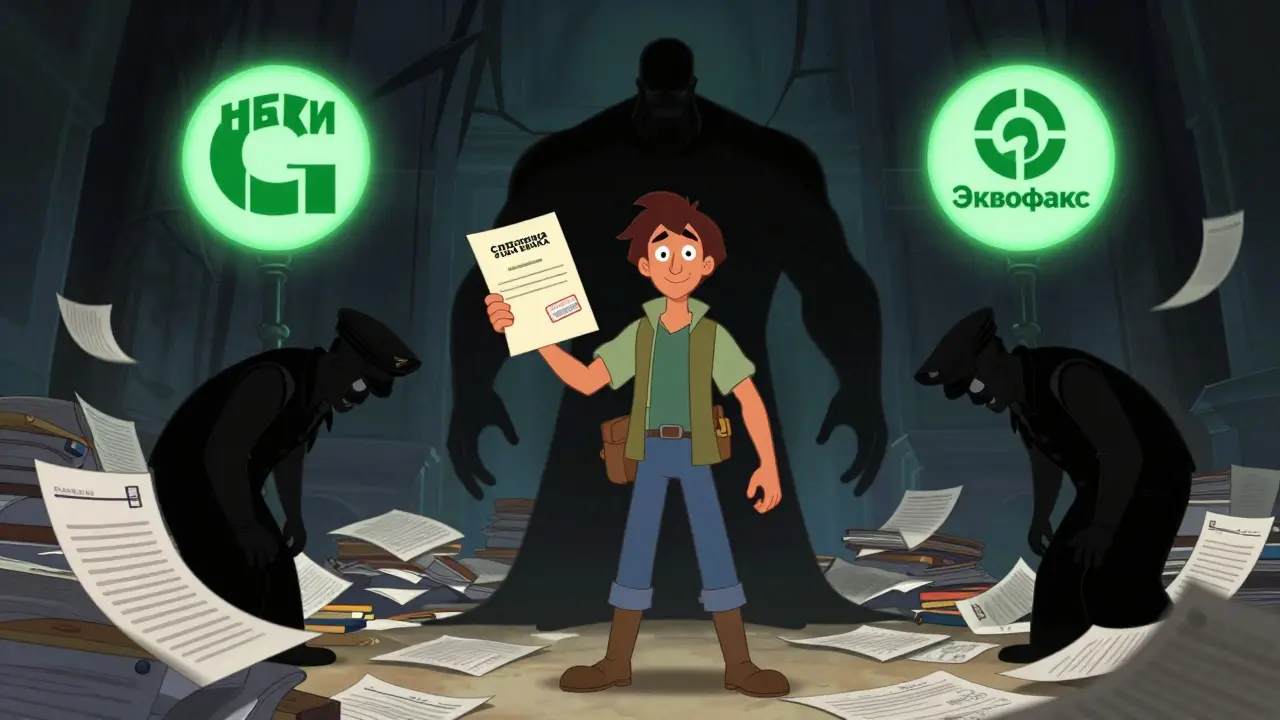 Герой противостоит тени долгов, держа справку и полицейский рапорт.