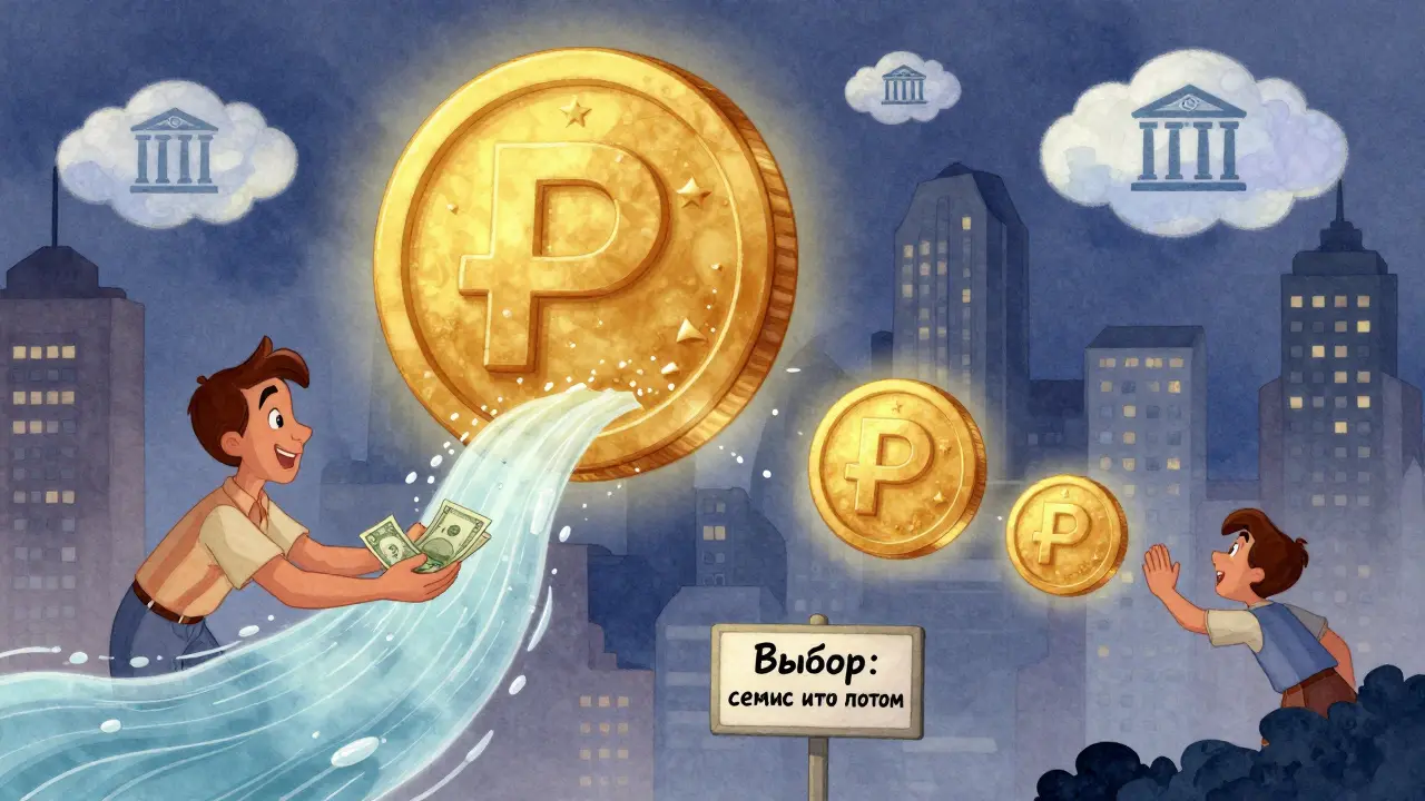 Гигантская монета делится на два пути: один — ежемесячные выплаты, другой — сложный процент, но далеко за пределами досягаемости.