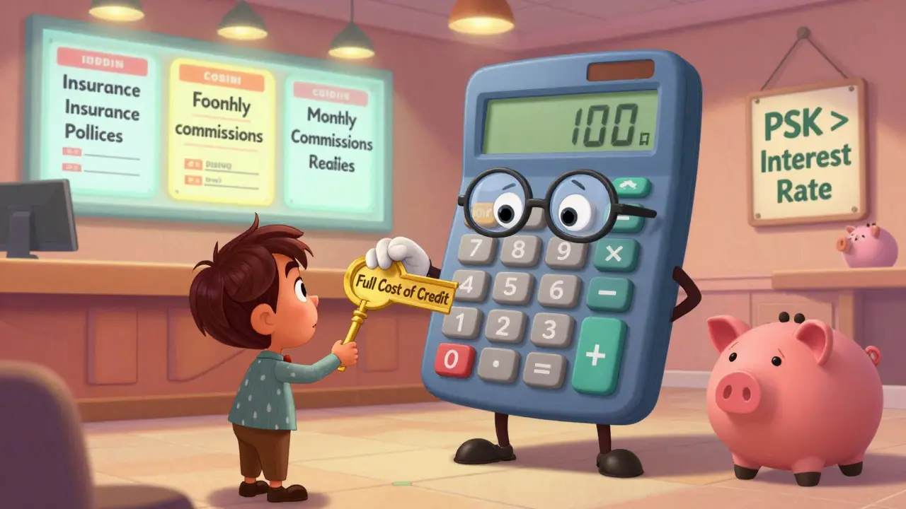Гигантский калькулятор предлагает ключ 'Полная стоимость кредита' человеку в банке, вокруг — плавающие скрытые платежи.