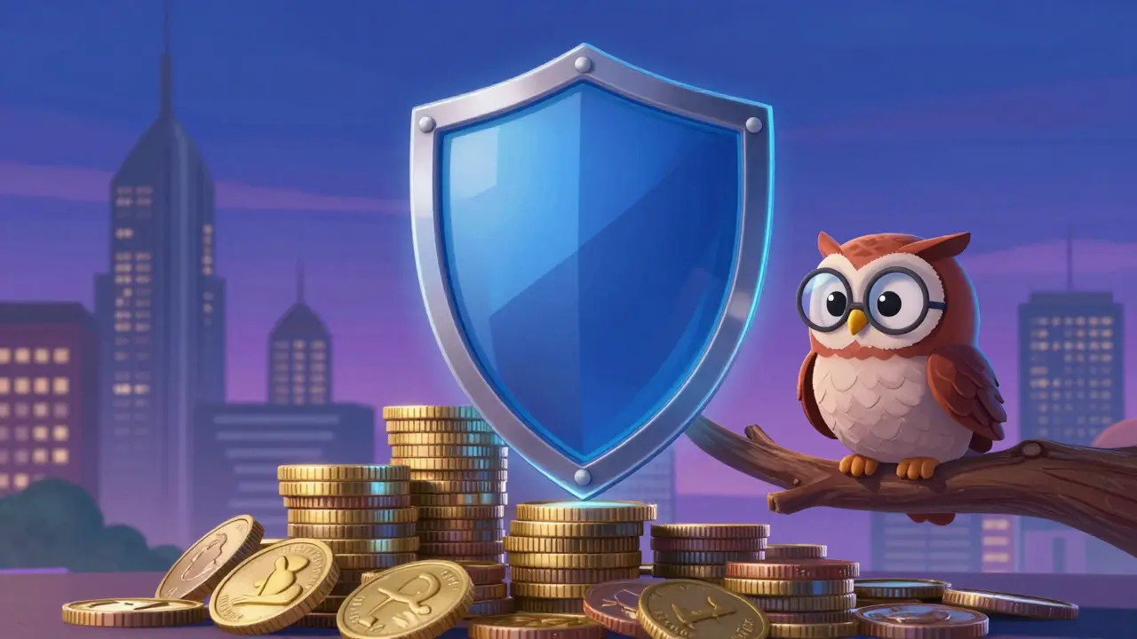 Голубой щит охраняет монеты, рядом сидит мудрая сова, город на фоне.