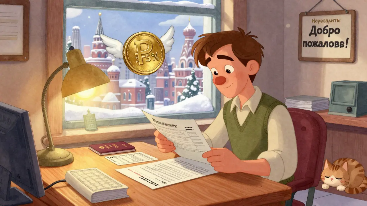 Иностранный клиент заполняет документы для вклада в российском банке с документами и рублевой монетой в стиле Диснея.