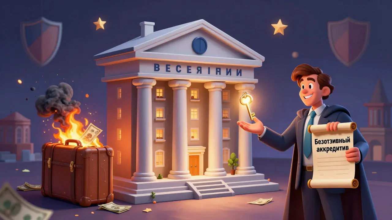 Квартира в защитном поле, ключ летит к покупателю, деньги горят, банкир в плаще держит свиток с надписью 'Безотзывный аккредитив'.