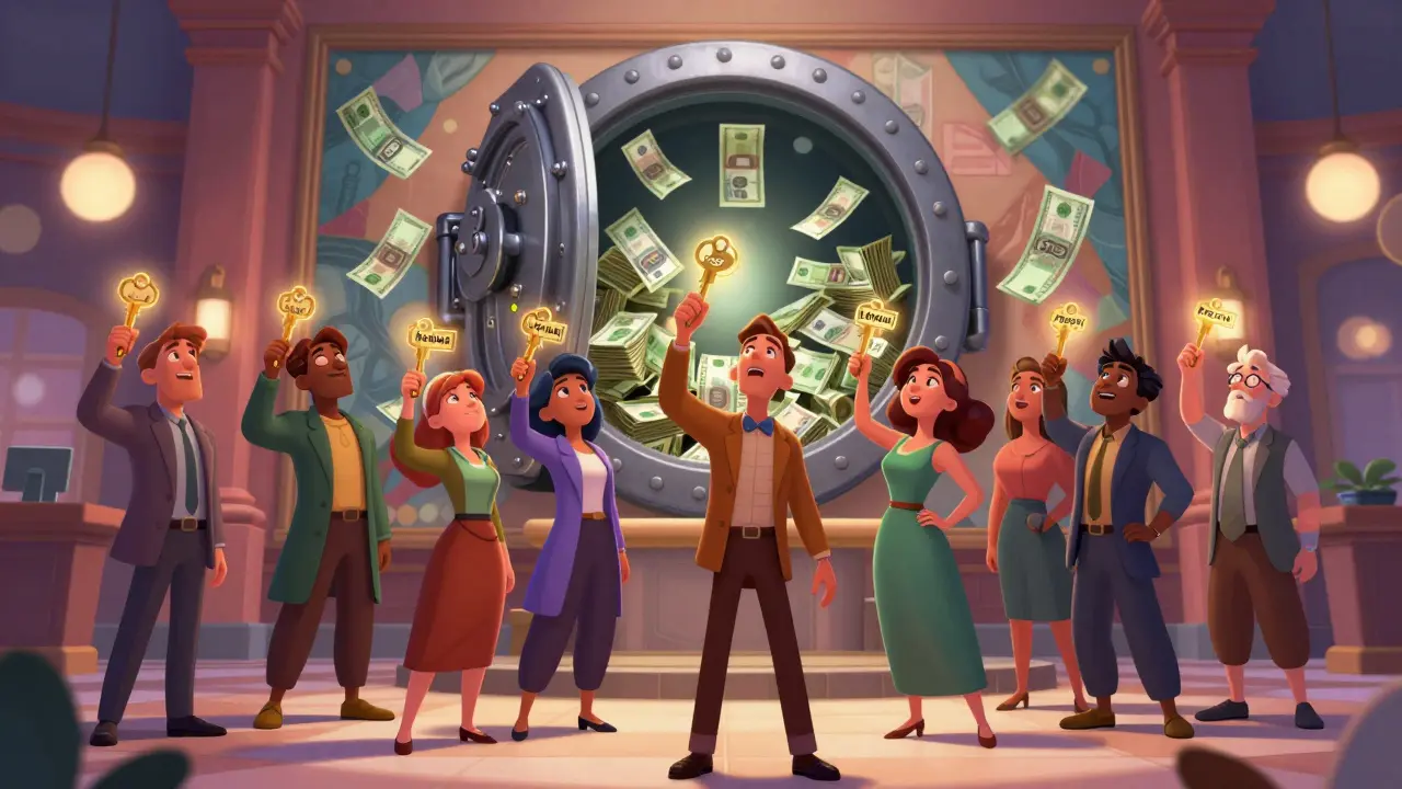 Люди в банке держат ключи от своих целей, за ними — анимированный сейф, открывающийся с деньгами, летящими к каждому.