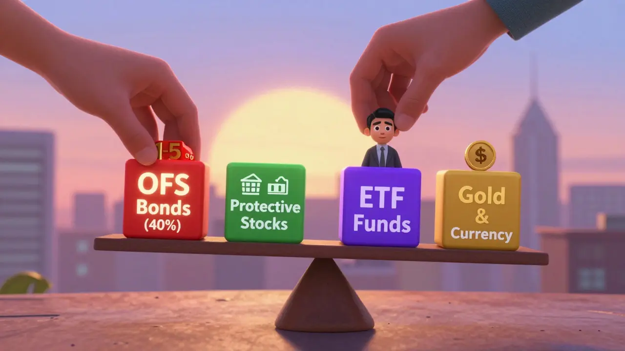 Молодой человек распределяет инвестиции по четырем устойчивым активам на сбалансированной шкале.