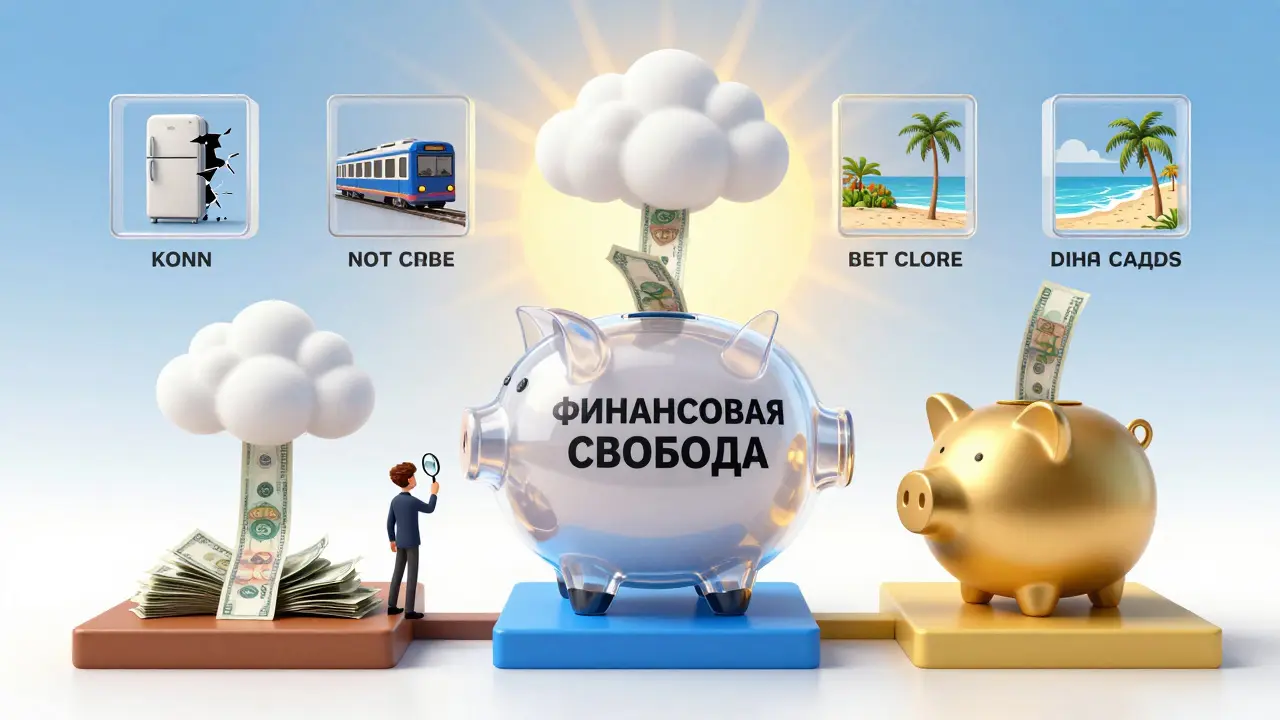 Прозрачная копилка с рублями, разделяющимися на наличные, карты и сбережения.