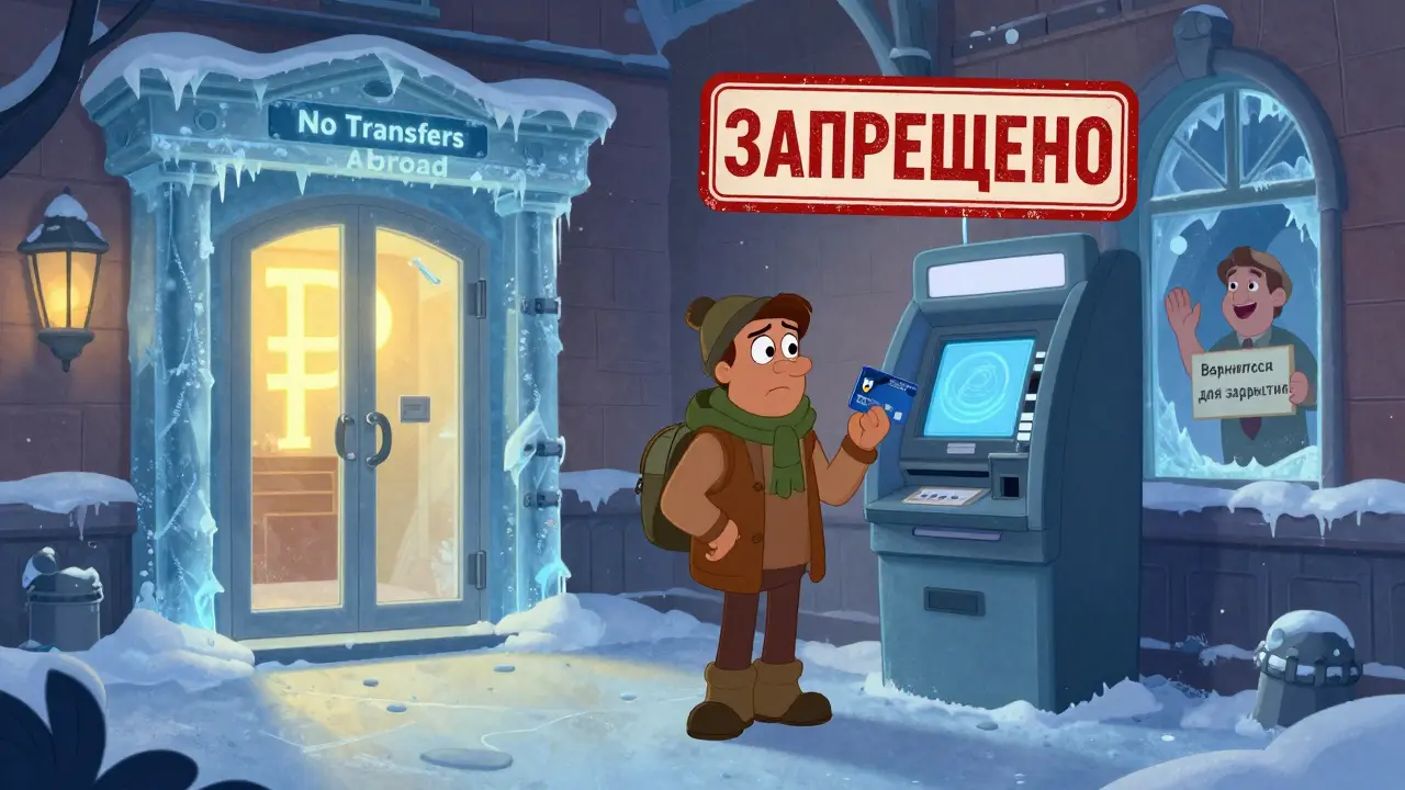 Путешественник с картой Мир перед банкоматом с надписью 'ЗАПРЕЩЕНО' в снежном городе в стиле Диснея.