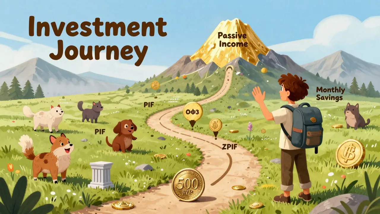 Путешествие инвестора по тропе от маленькой суммы к пассивному доходу, с этапами и символами инвестиционных инструментов.