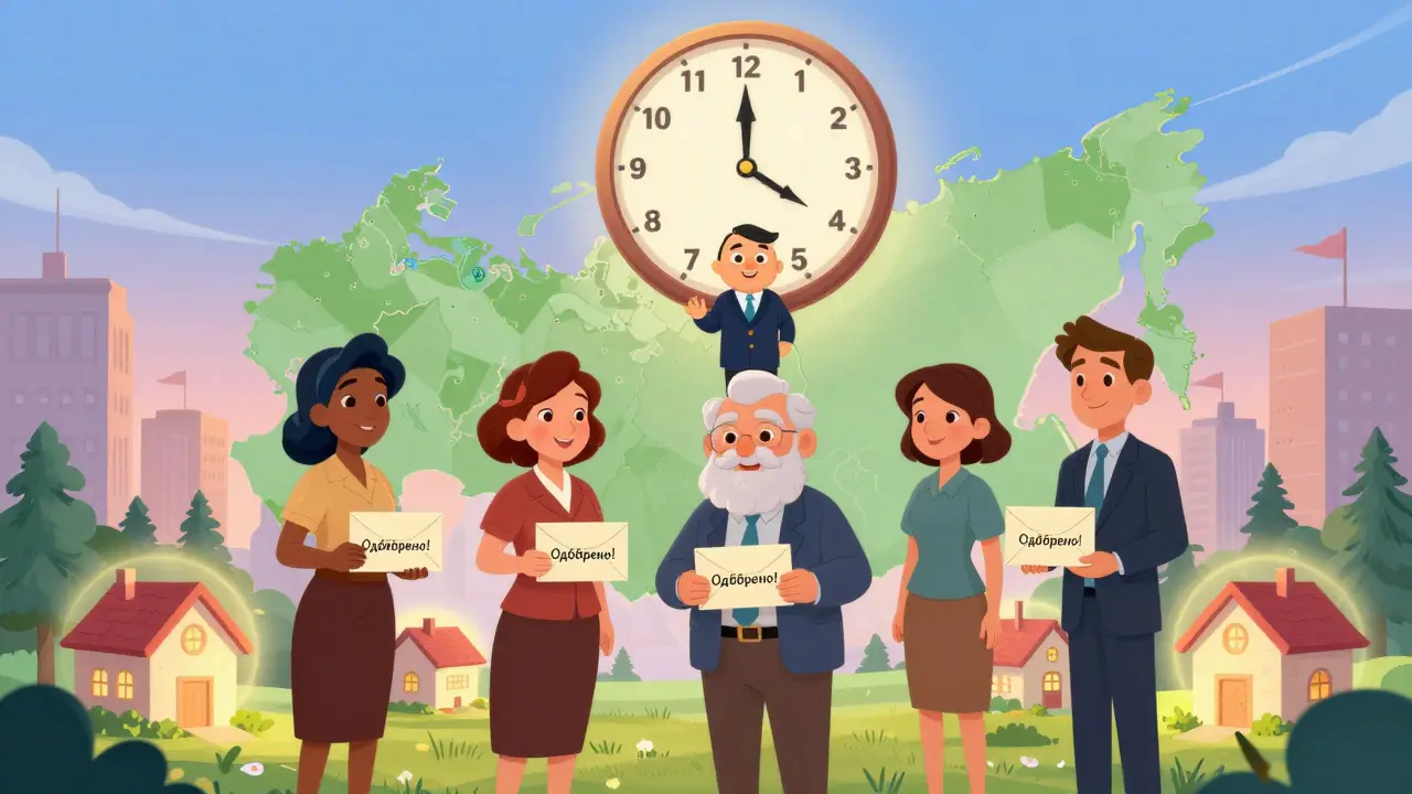 Разные люди получают одобрение на ипотечные каникулы от дружелюбного банкира над картой России.