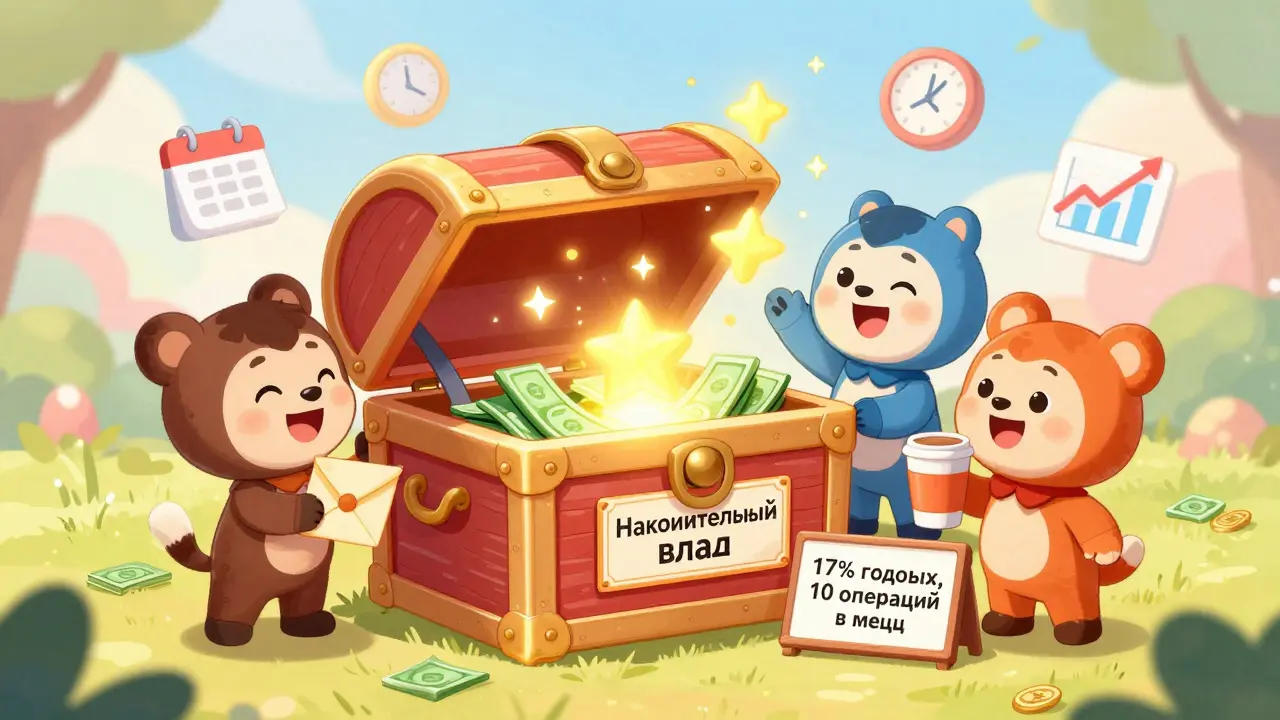 Семья кладет деньги в сияющий сундук, из которого летят звезды — это накопительный вклад с высокой ставкой.
