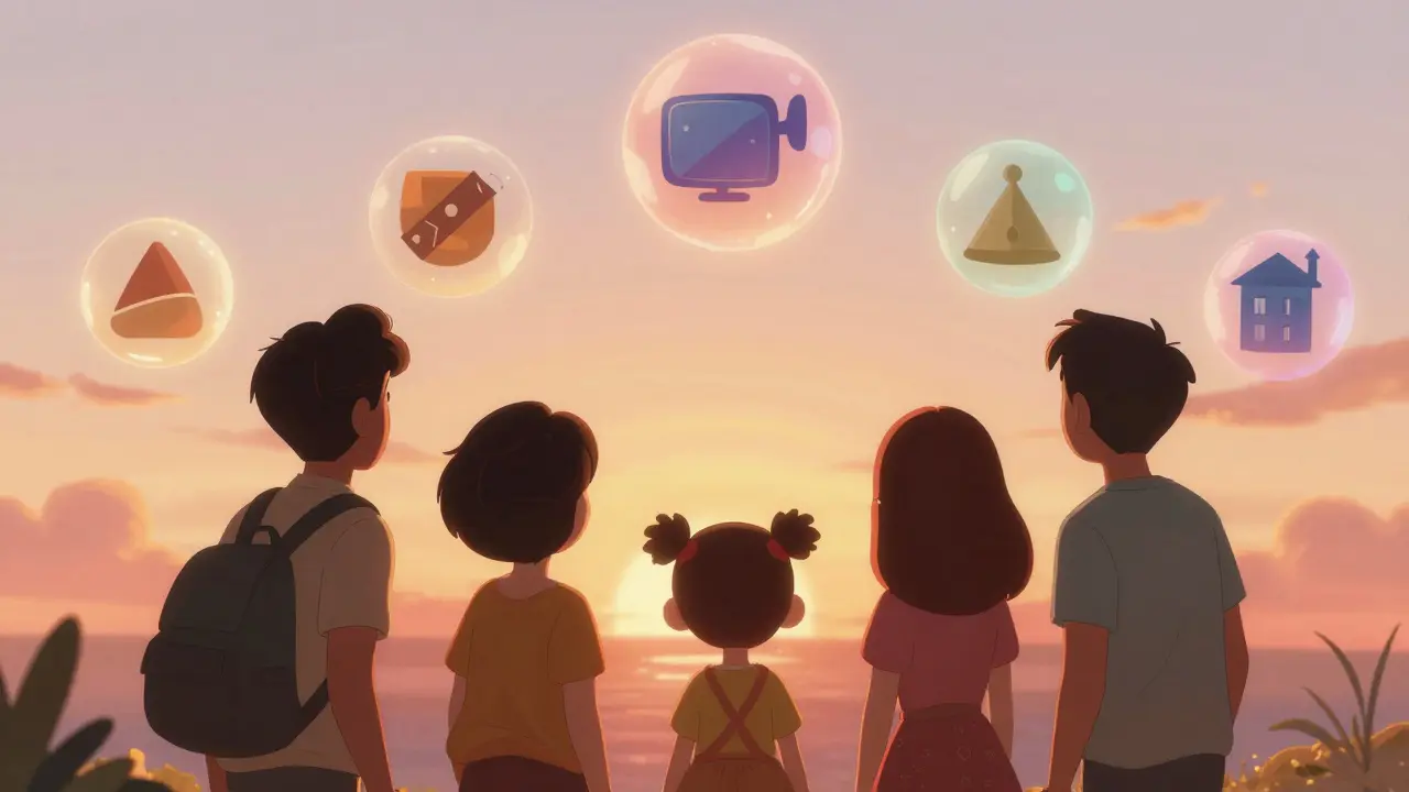 Семья планирует будущее у горизонта с магическими пузырями