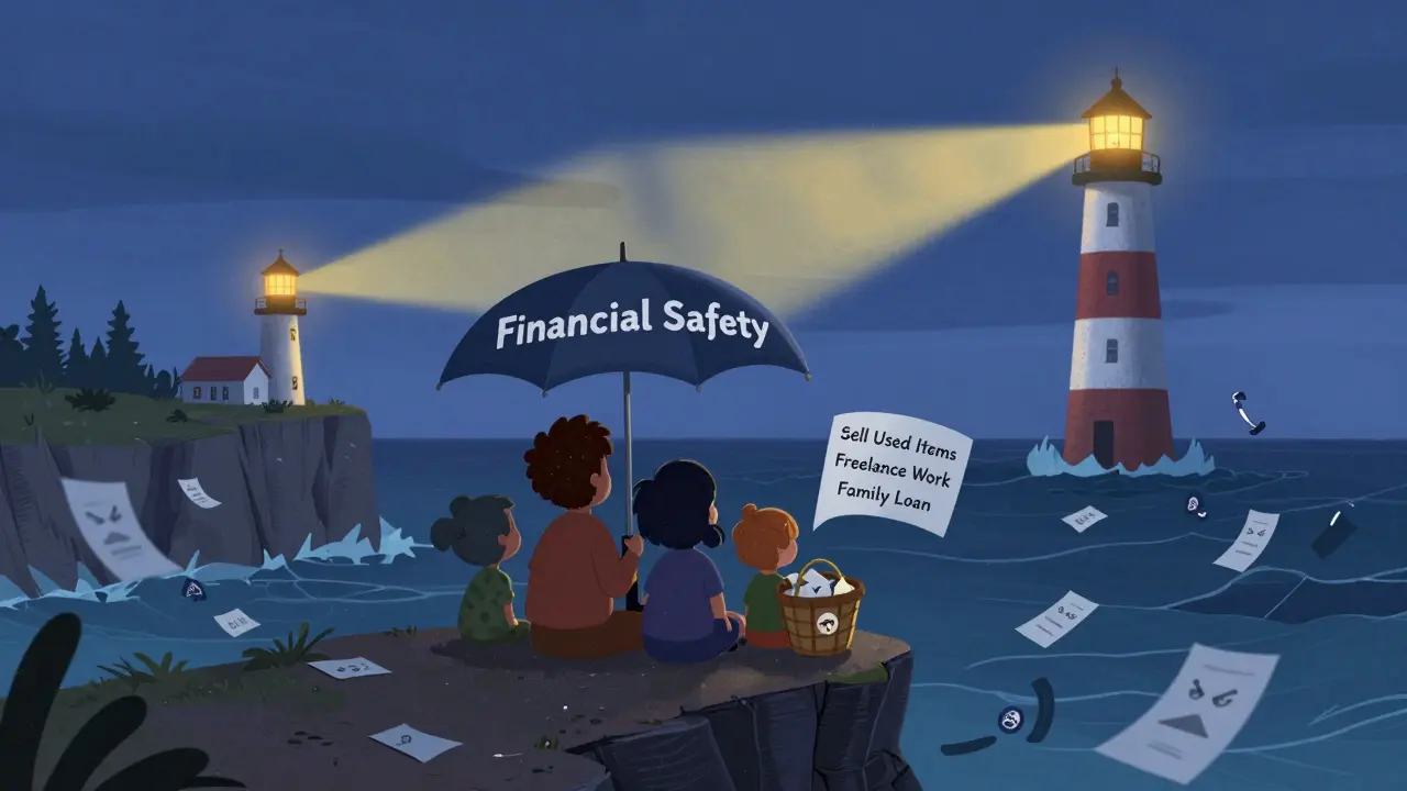 Семья под зонтом 'Финансовая безопасность' на краю пропасти, вдалеке — маяк 'ЦБ РФ', рядом — альтернативы: продажа вещей, фриланс, займ у родных.