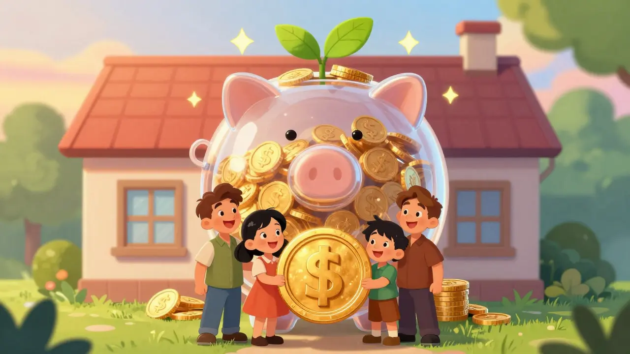 Семья с золотой монетой и копилкой, экономия на кредите.