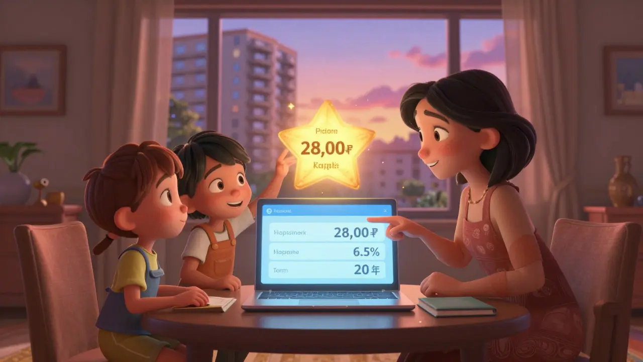 Семья смотрит на ипотечный калькулятор, материнский капитал светится золотой звездой