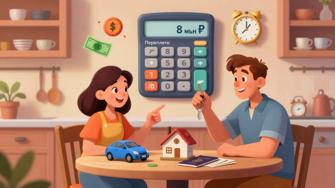 Семья сравнивает кредиты с залогом и без залога за кухонным столом, на стене — калькулятор с переплатами.
