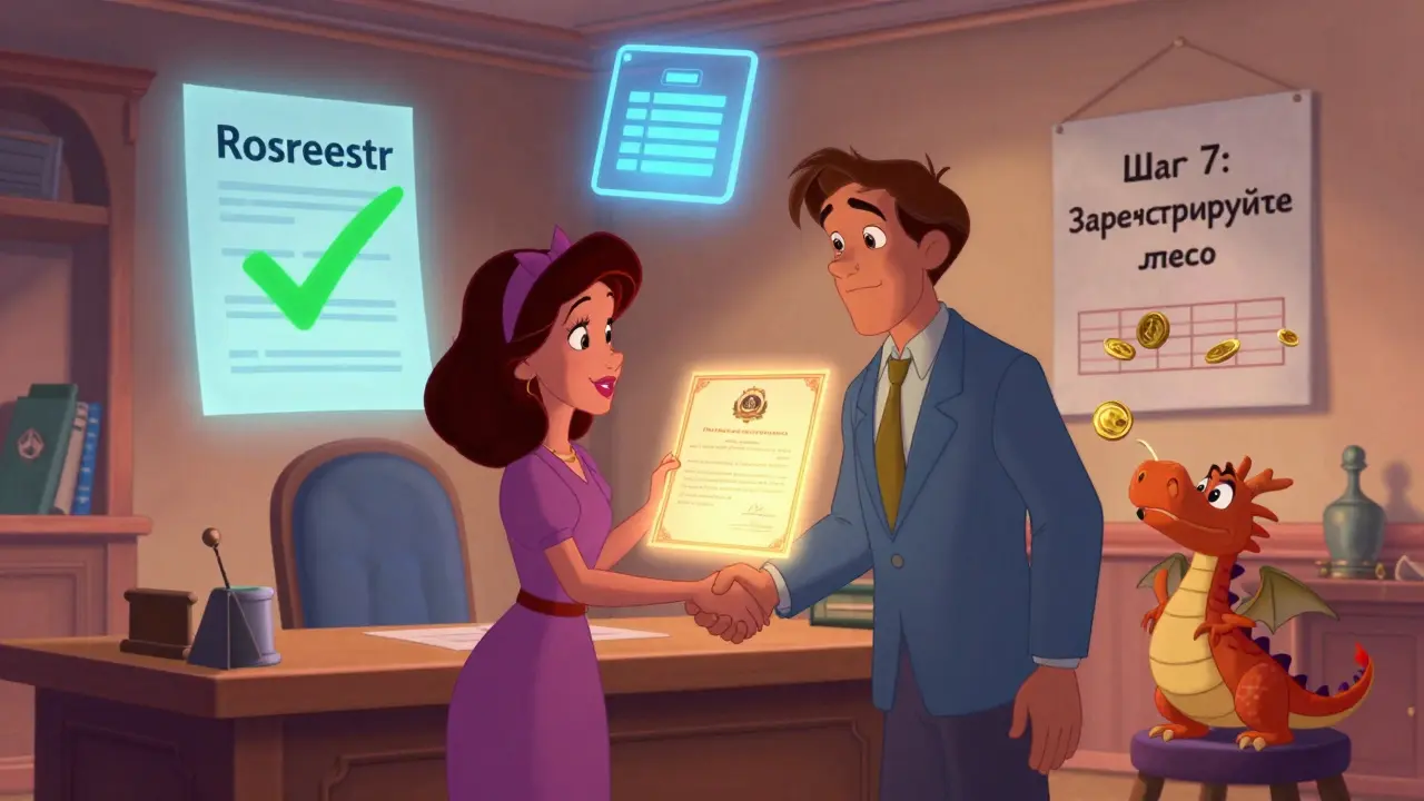 Супруги подписывают договор, над ними светится регистрация права собственности