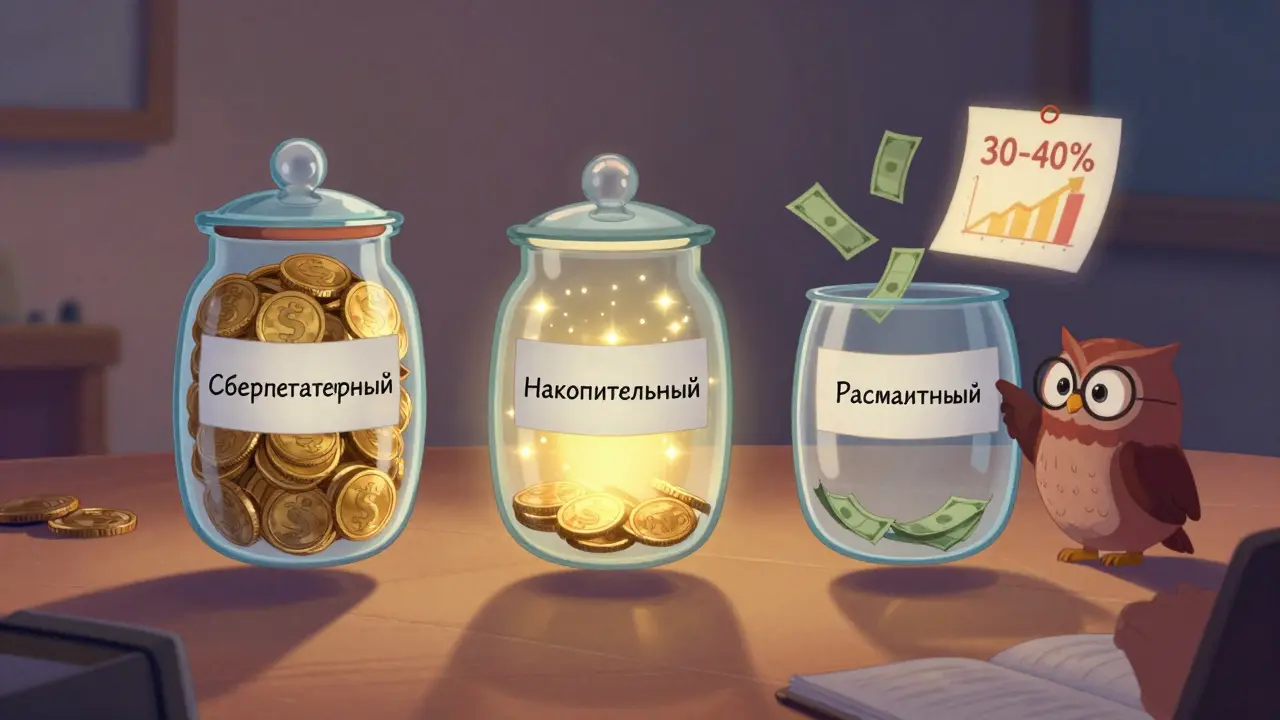 Три прозрачные емкости с разными типами счетов, мудрая сова указывает на диаграмму роста дохода.