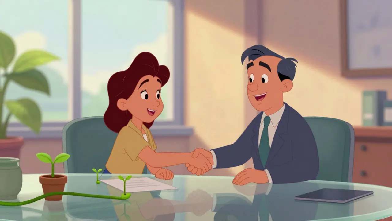 Веселое рукопожатие символизирует решение долга