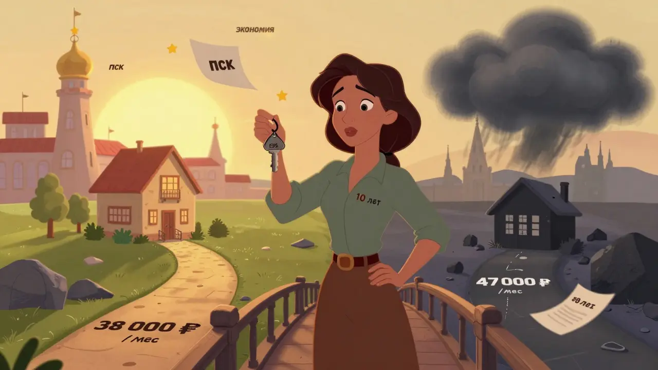 Женщина с ключом от дома идёт по мосту к экономии, в то время как другой путь ведёт к высоким платежам.