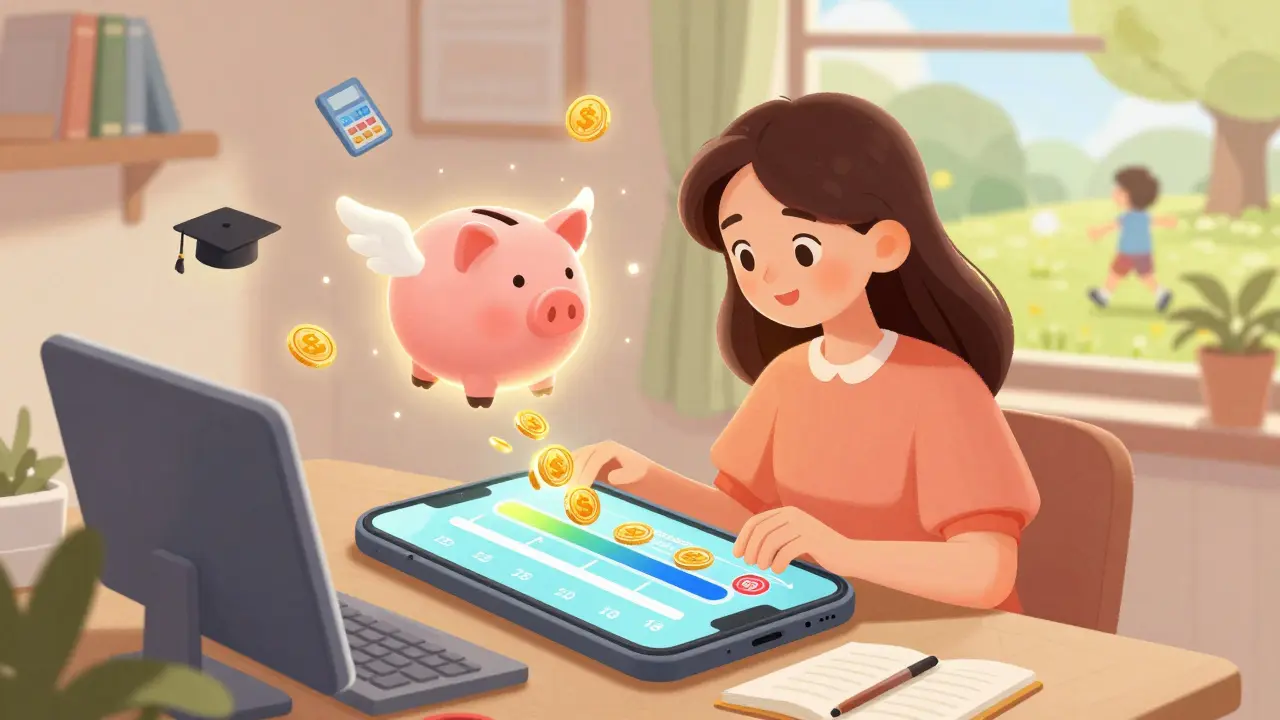 Женщина смотрит на телефон, где волшебный копилка с крыльями кидает монеты в таймлайн к 18 годам ребенка.