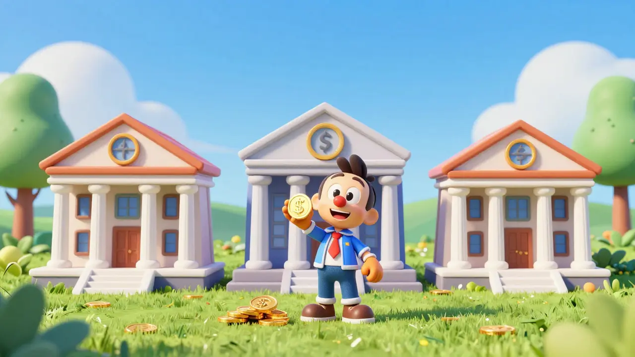 Человек распределяет деньги по разным банкам для безопасности