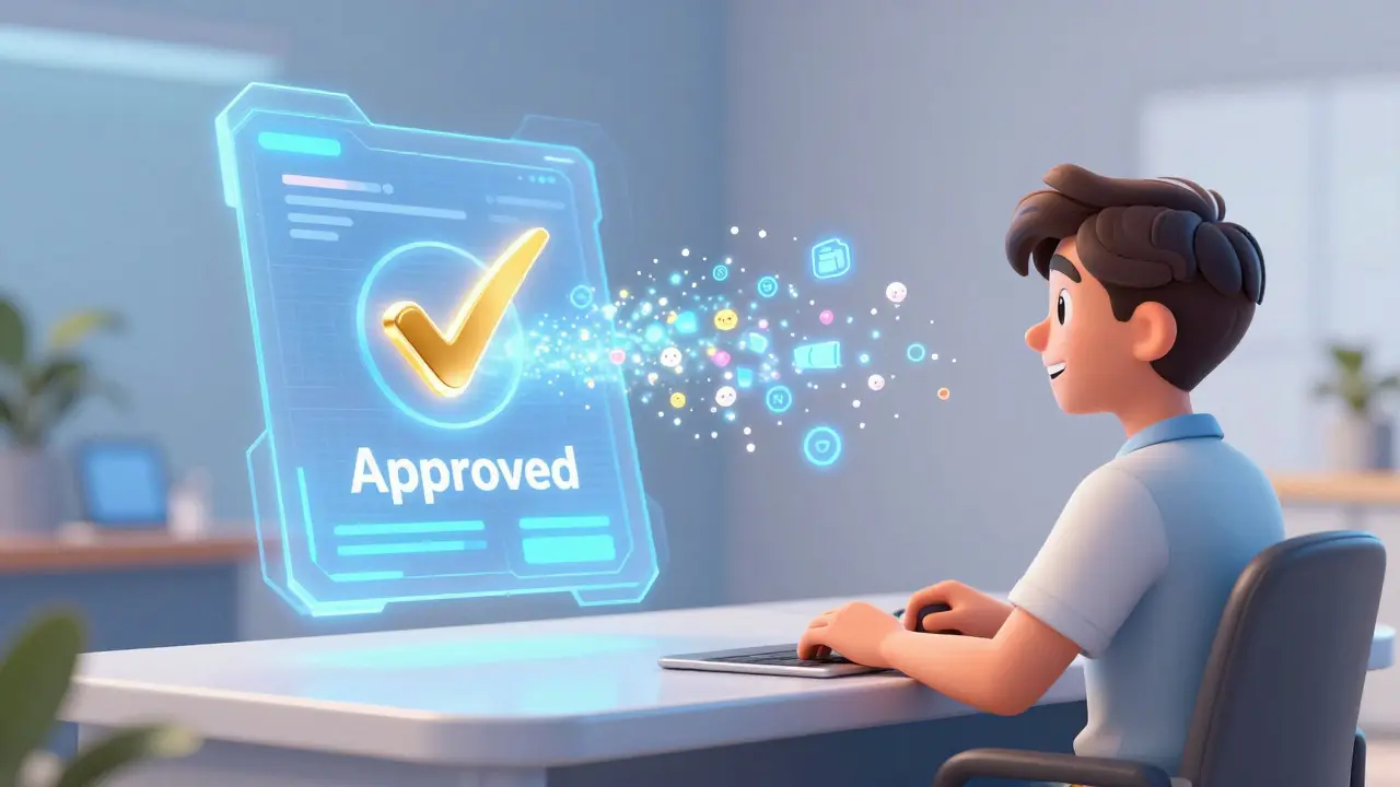 Голографический символ одобрения кредита над менеджером и клиентом в стиле Дисней