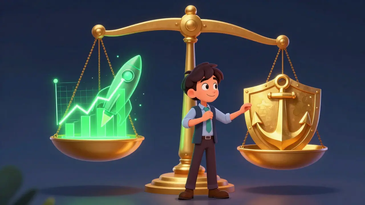 Инвестор находит баланс между акциями-ракетами и облигациями-щитами на весах.
