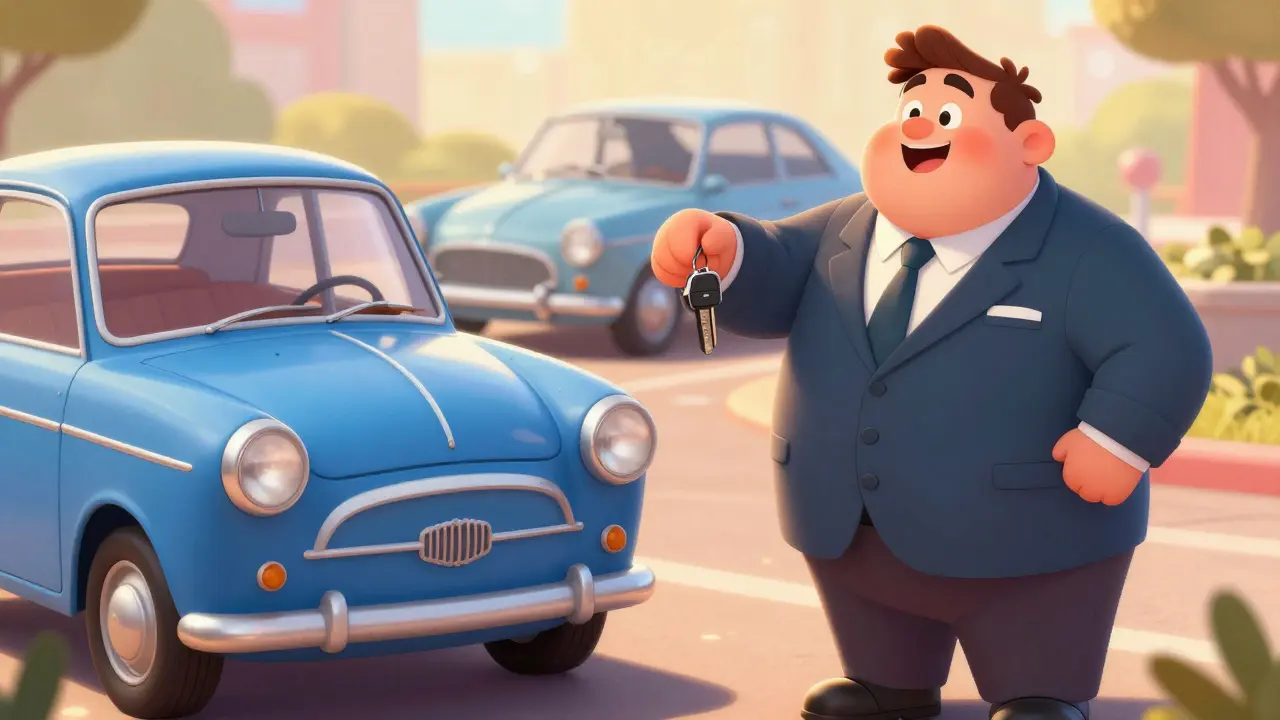 Обмен старого синего автомобиля на новый по системе Trade-in