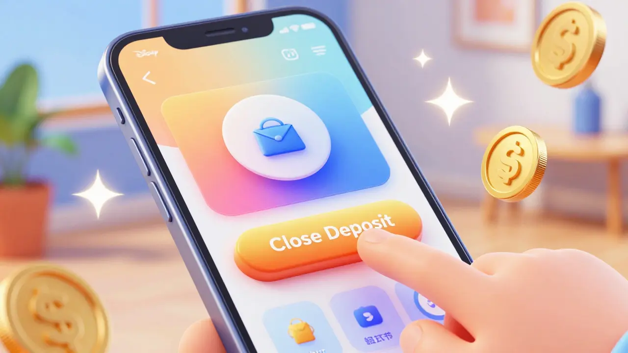 Палец нажимает кнопку закрытия вклада в приложении в стиле Дисней