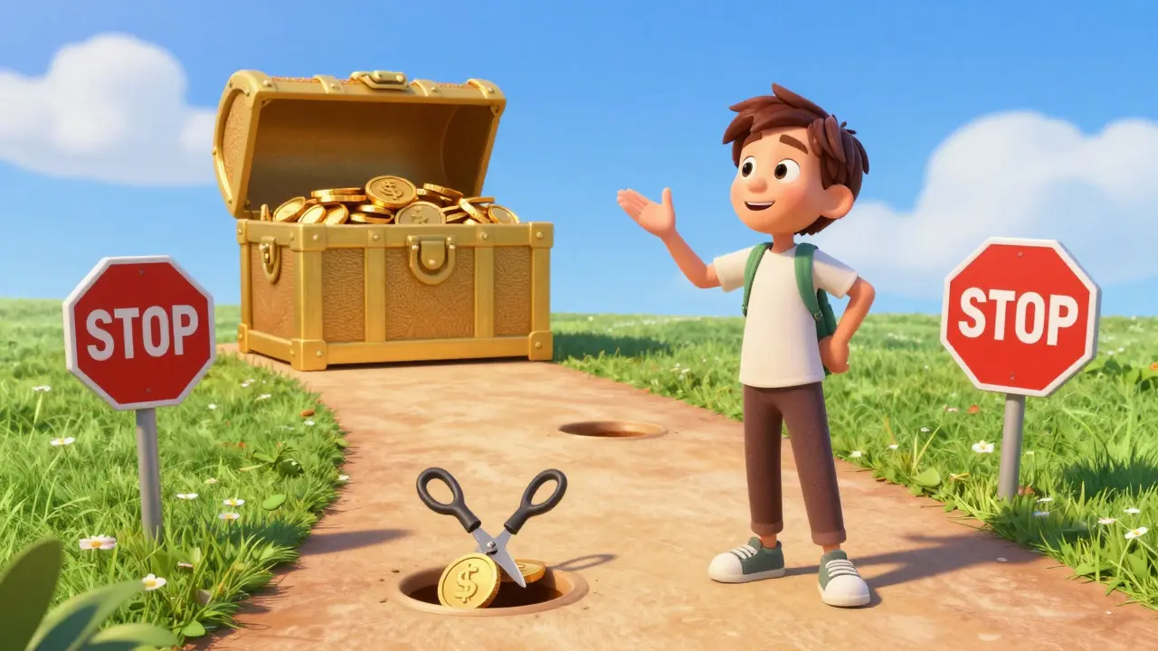 Персонаж идет по пути к золотому сундуку, обходя ловушки в виде комиссий