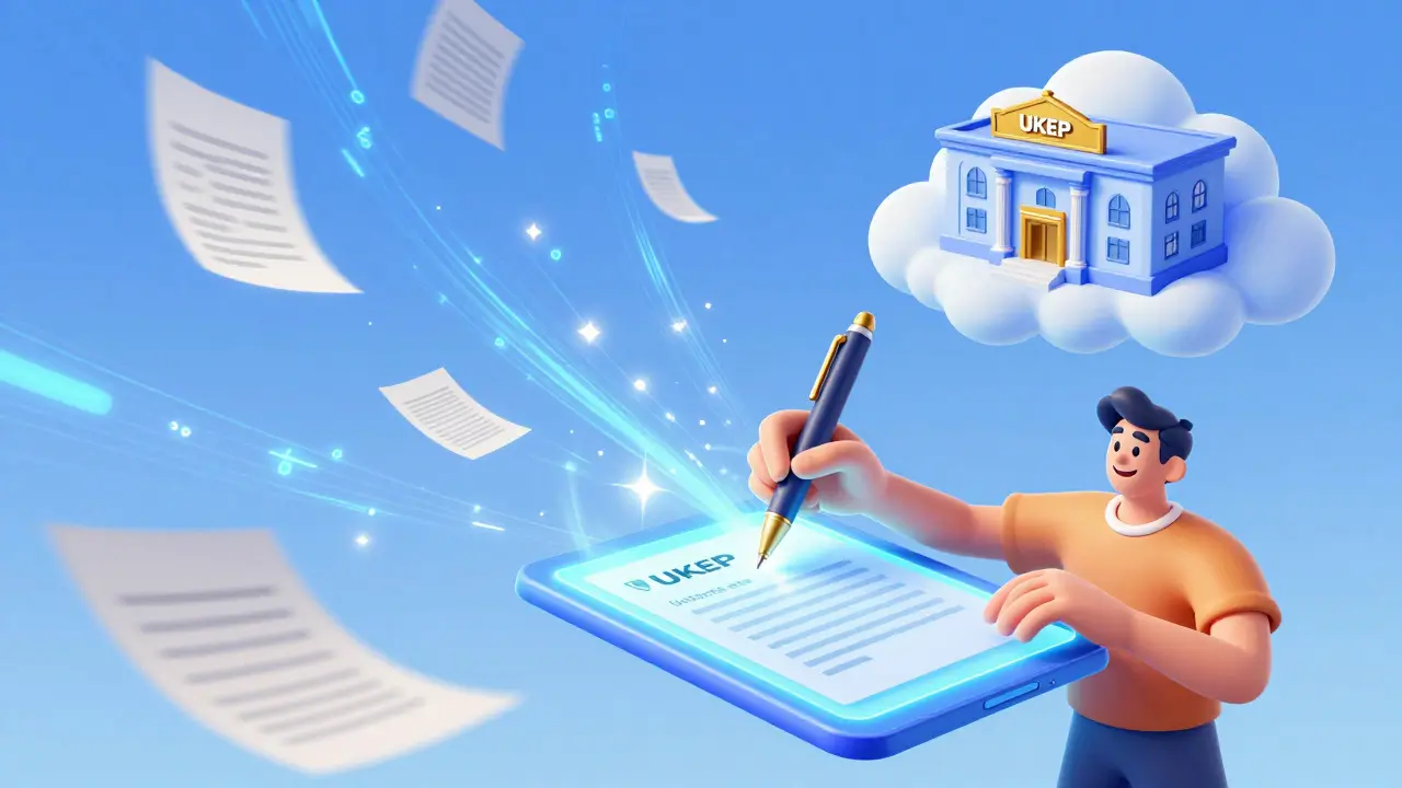 Персонаж подписывает документы на светящемся планшете, превращая бумаги в цифры