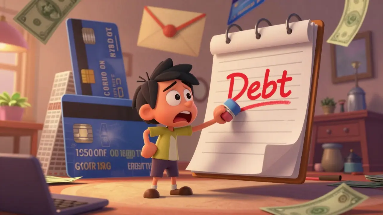 Персонаж пытается справиться с огромными кредитными картами и счетами