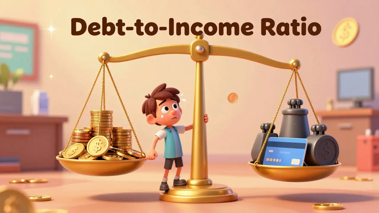 Персонаж пытается уравновесить на весах доход и долговую нагрузку.