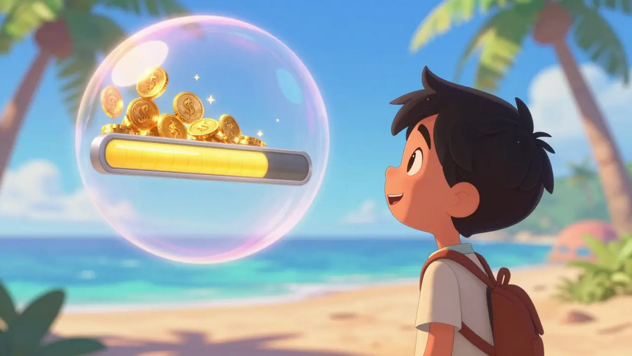 Персонаж радуется заполнению шкалы прогресса для накопления на отпуск