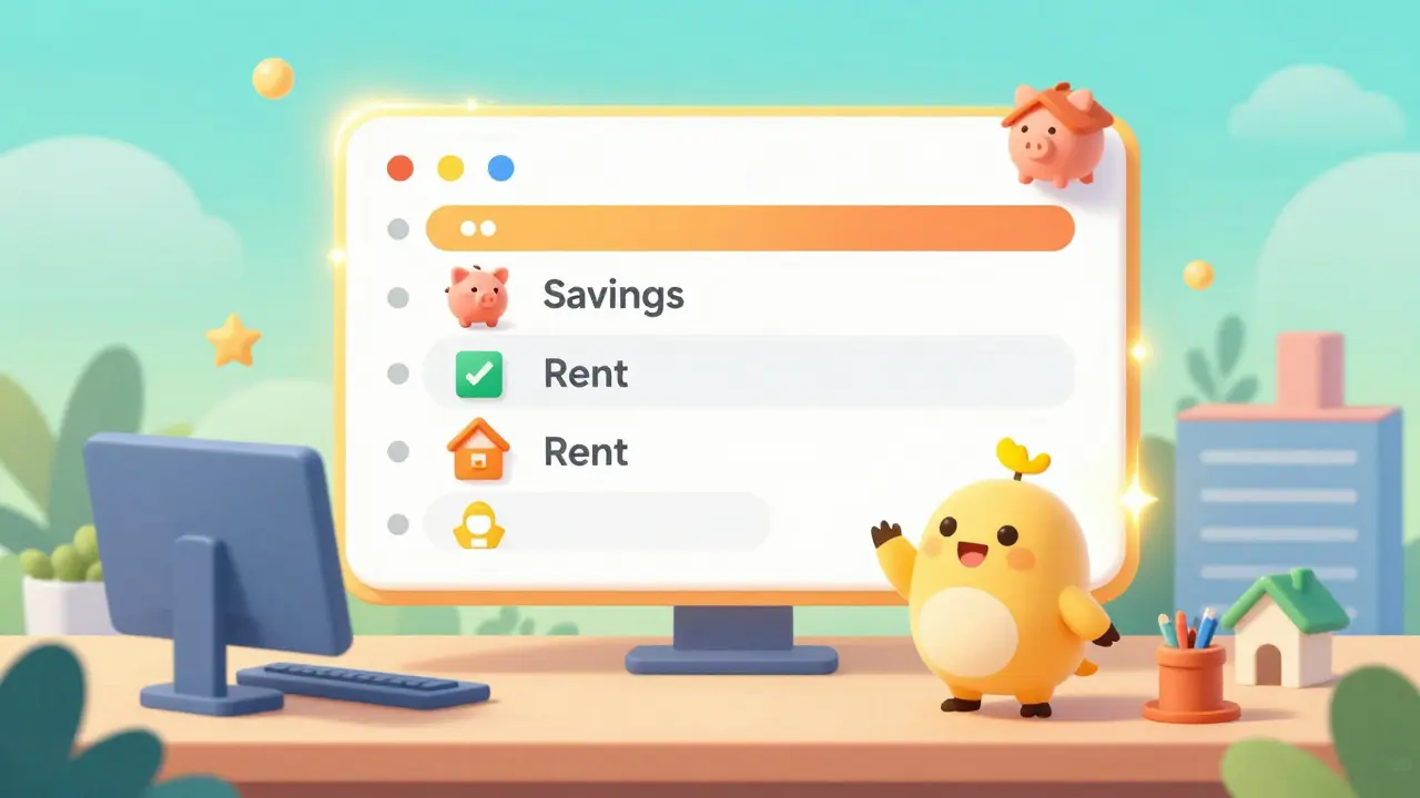 Персонаж счастливо работает с яркой и организованной таблицей бюджета