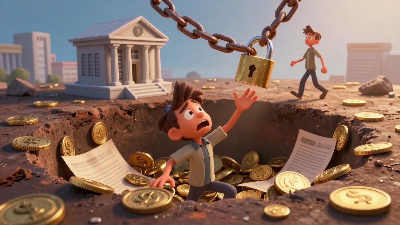 Персонаж в финансовой яме из монет, скованный цепью с другом