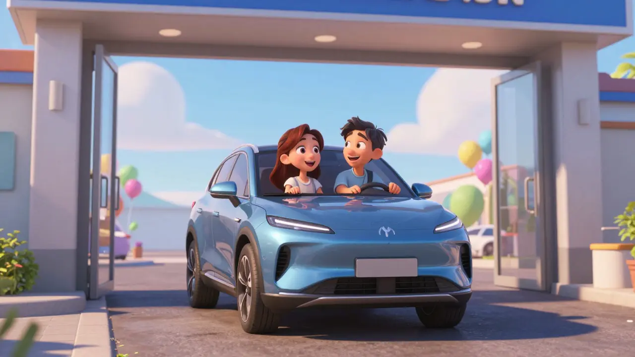 Радостная пара выезжает на новом синем автомобиле из автосалона в стиле Дисней