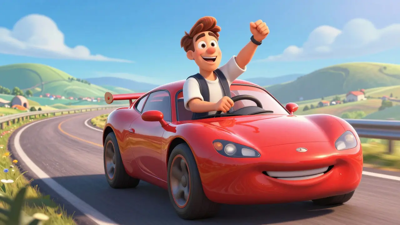 Радостный предприниматель едет на своем новом блестящем автомобиле