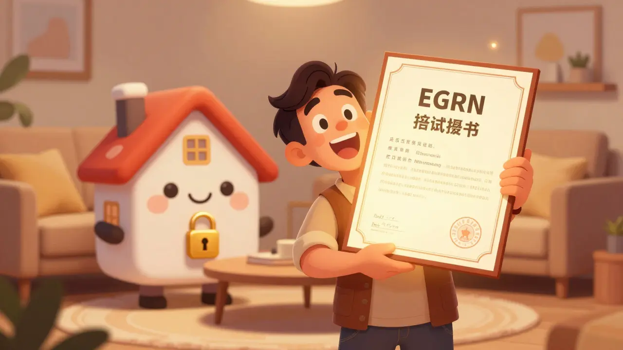 Радостный владелец жилья с выпиской из ЕГРН в уютном интерьере в стиле Дисней