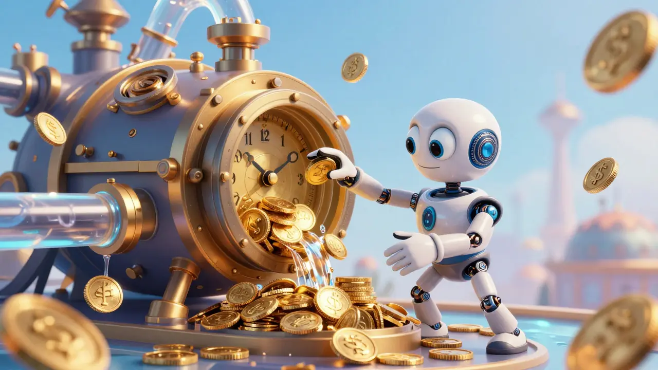 Робот-бухгалтер управляет потоком золотых монет в прозрачных трубах