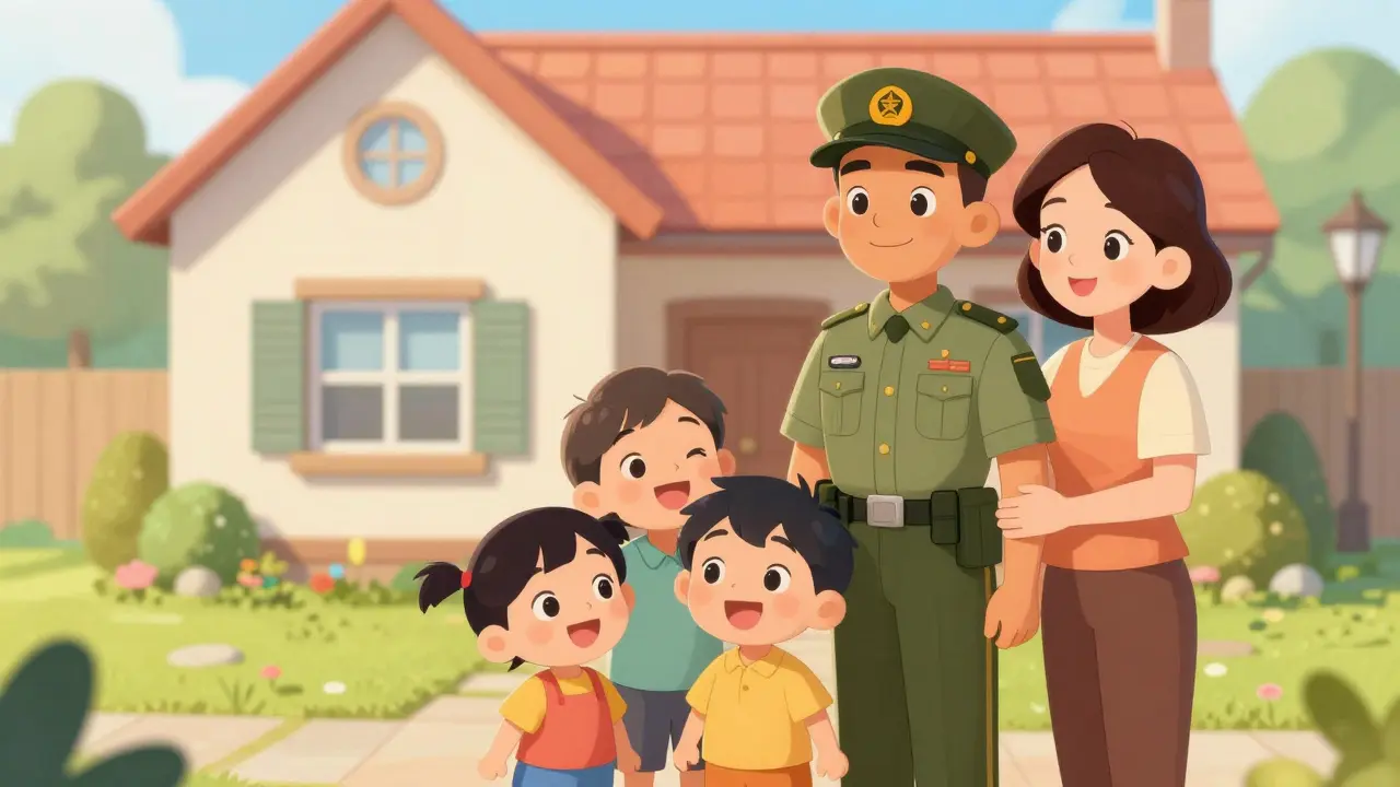 Счастливая семья военнослужащего перед своим новым уютным домом