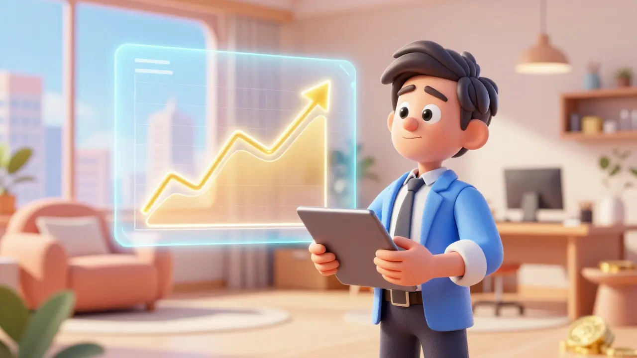 Счастливый инвестор смотрит на график стабильного роста прибыли