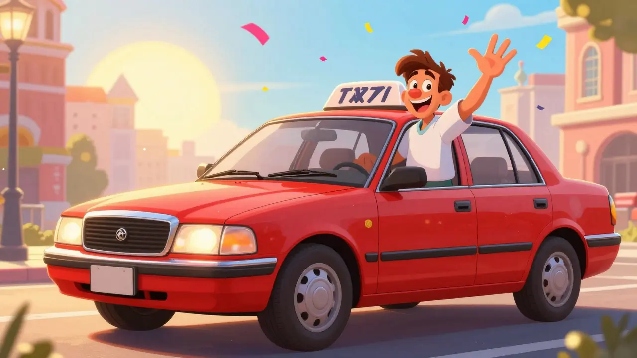 Счастливый водитель рядом с новым служебным автомобилем