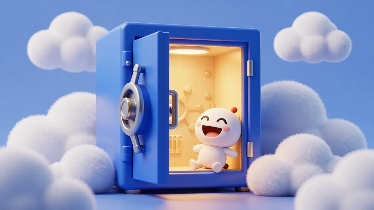 Стилизованный сейф в защитных облаках, символизирующий безопасность вкладов