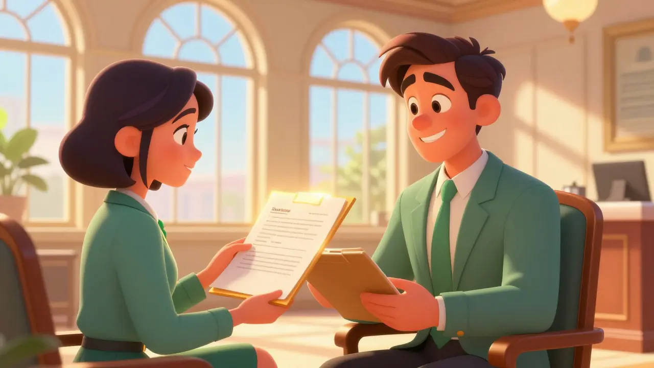 Уверенный заемщик подает документы менеджеру в светлом офисе банка